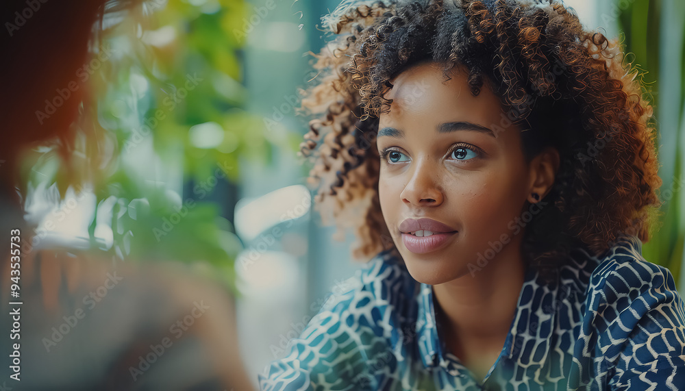 Canvas Prints a woman with short hair and a necklace is talking to another woman