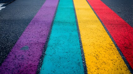 Vibrant rainbow colored crosswalk in a bustling urban environment representing LGBTQ pride diversity and equal rights for the community
