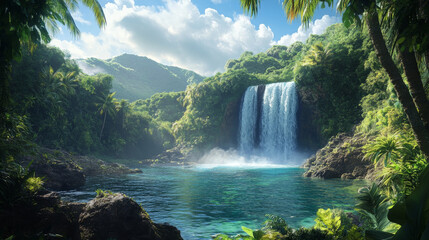 Scenic view of a waterfall in a tropical rainforest