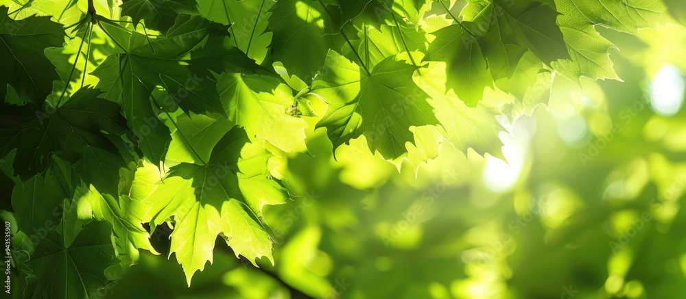 Poster Sunlight filtering through bright green maple leaves casting shadows with copy space image