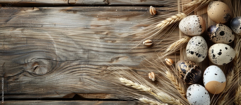 Poster Wooden background with a board displaying fresh quail eggs feathers and wheat allowing for copy space image