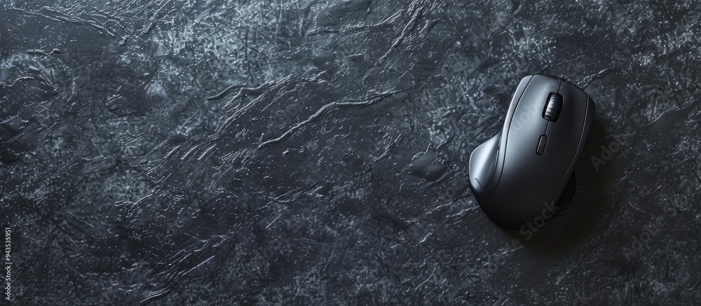 Poster top view of a wireless mouse with a mousepad on a textured black table providing ample copy space im