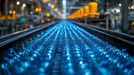 A conveyor belt carries blue plastic containers through an industrial manufacturing facility.