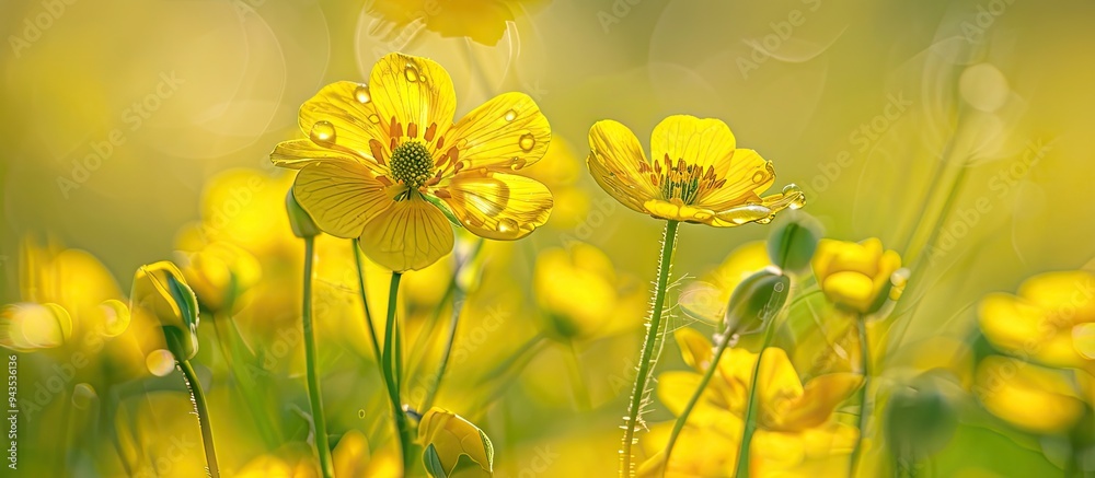 Poster close up of wild yellow summer flowers in a green field with copy space image