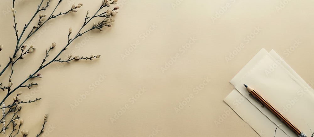 Poster From an overhead view a blank sheet of paper with a floral design on a beige background is available for writing with space for text in the image. Creative banner. Copyspace image
