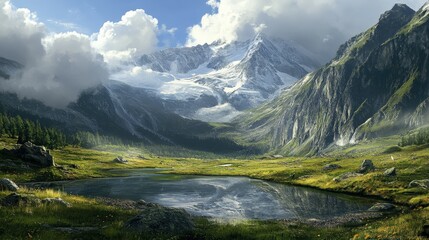 Fototapeta premium Serene mountain landscape with a tranquil lake and lush greenery