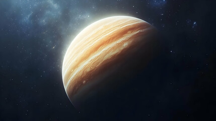 A close-up view of Jupiter, a gas giant with swirling clouds and a dark, starry background.