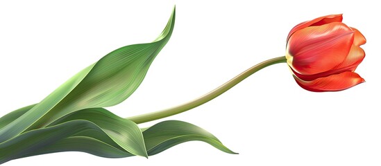 A red tulip bloom with green leaves on a white background for a copy space image