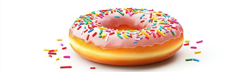 A doughnut with vanilla glaze and sprinkles, dessert element, realistic style, classic and colorful, isolated on white background