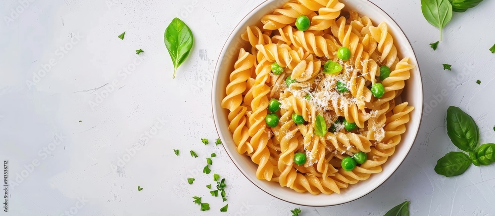 Poster a bowl of tasty pasta with green peas and cheese on a white backdrop from a bird s eye view providin