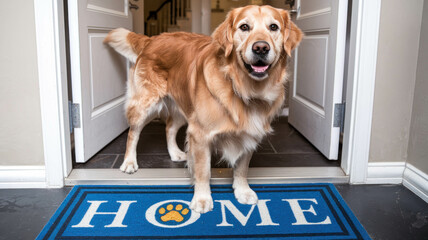 Happy Golden Retriever Dog Smiling At The Camera And Standing On A Blue Doormat With The Text "Home" Written On It