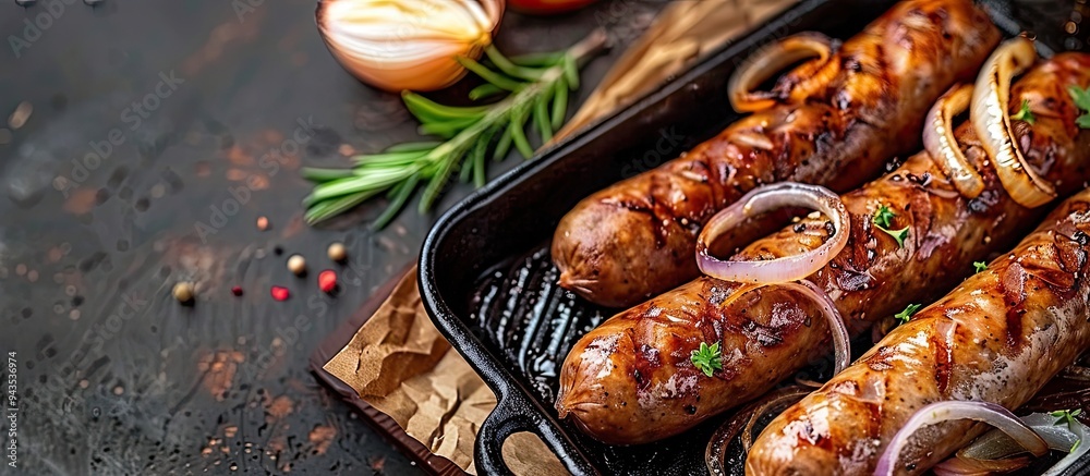 Poster Grilled sausages with onions viewed from the top with space for text or other elements in the image. Creative banner. Copyspace image