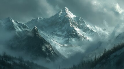Obraz premium Snow-capped mountain peaks loom under a cloudy sky at dawn