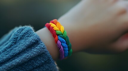 Colorful rainbow striped pride bracelet worn on a person s wrist representing and inclusion of the LGBTQ community and their rights