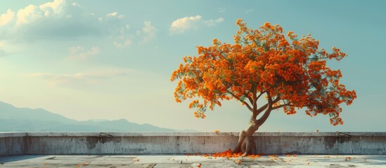 Marigold tree on a rooftop with orange flowers provides a captivating copy space image