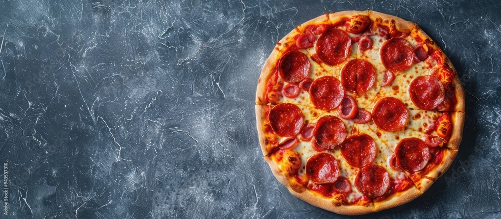 Poster A top view shot of a round pepperoni pizza atop a gray surface allowing room for additional text in the image It s Pizza Day Copy space image available