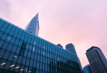 Fototapeta premium Office building glass and city skyline, ai