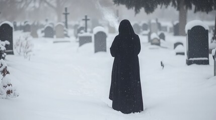 Solitary Figure in Black Cloak Walking Through Snowy Cemetery