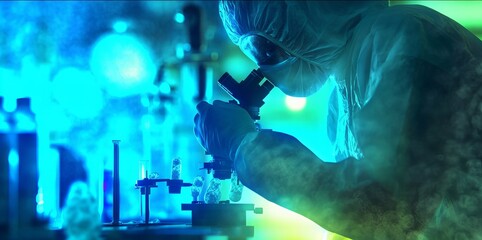 A male scientist in protective gear examines samples under a microscope in a vibrant laboratory setting.