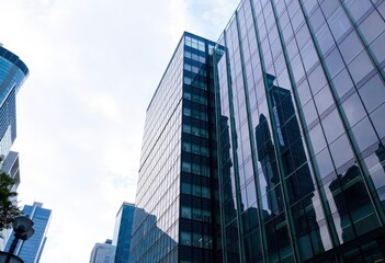 Office building glass and city skyline, ai