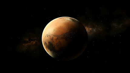 A close-up view of Mars, the red planet, in space with a galaxy in the background.