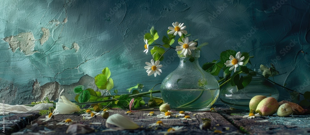 Poster summer s flavors captured in a vibrant still life featuring clover chamomile and apple blossom creat