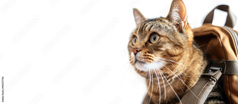 Poster Adorable cat in a backpack carrier on a white backdrop with copy space image
