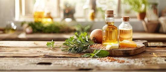Fototapeta premium A selection of fresh products on a wooden table perfect for promoting gut health Ideal for adding text with a copy space image