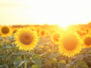 Obraz premium Sunflower field at sunset, rows of tall sunflowers facing the setting sun, golden light