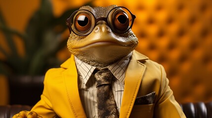 Fototapeta premium Funny frog in a suit and glasses on a yellow background.