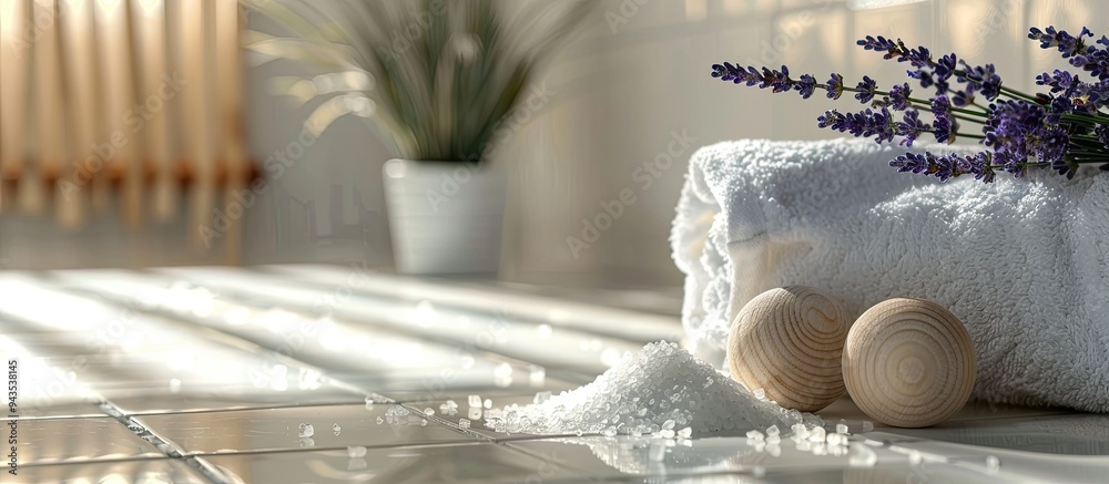 Poster an elegant setup featuring sea salt lavender a towel and wooden massage balls placed on a bright til