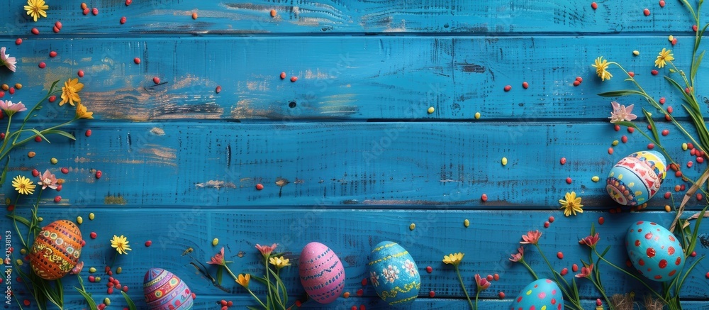 Poster easter themed blue boards adorned with painted eggs create a festive copy space image
