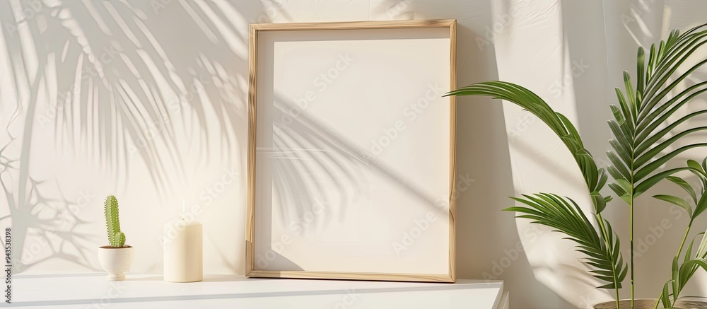 Poster a wooden frame with copy space image is placed on a table with a plant and candle in a home interior