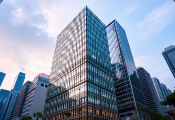 Obraz premium Office building glass and city skyline, ai