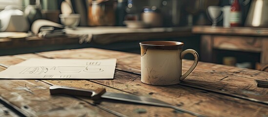 An almost empty coffee cup featuring a brown rim and white handle rests on a wooden table with a cluttered surface displaying a knife and paper perfect for a copy space image