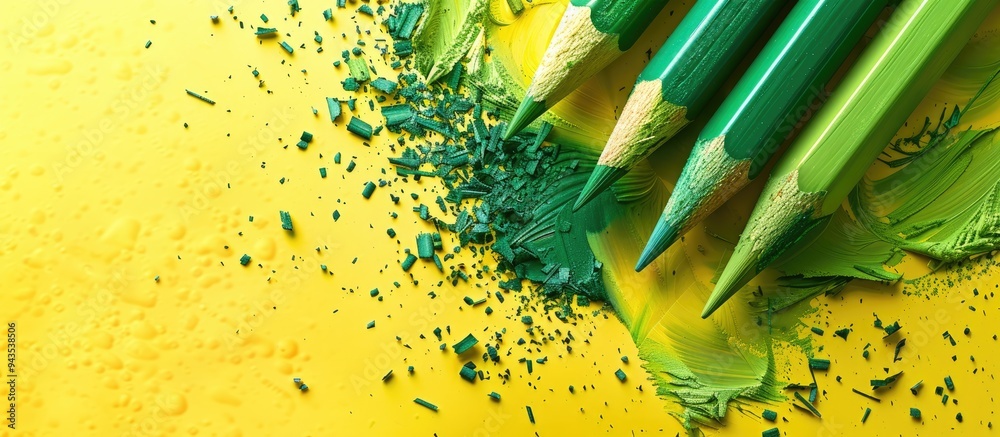 Poster close up of green pencils and shavings on a yellow background with copy space image