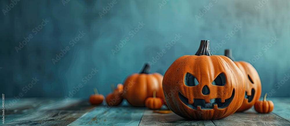 Aufkleber halloween theme with pumpkins in orange and black colors placed on a table with a blue backdrop feat