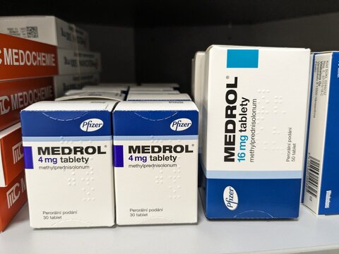 Prague, Czech Republic - August 28 2024: MEDROL box with METHYLPREDNISOLONE active substance by PFIZER, used for inflammatory and autoimmune disorders.