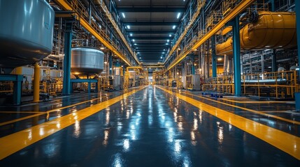 Fototapeta premium The interior of a manufacturing facility showcases energy-efficient machinery and bright lighting on a clear afternoon.