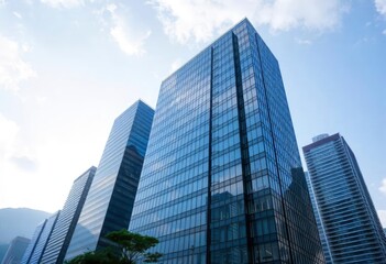 Obraz premium Office building glass and city skyline, ai