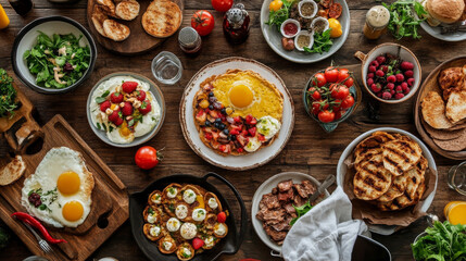 Fototapeta premium Top view of a delicious breakfast spread on a rustic table