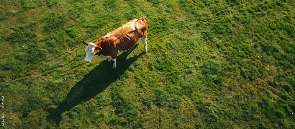 Poster High angle view of a white and brown cow with its shadow on a sunlit green field creating a serene copy space image