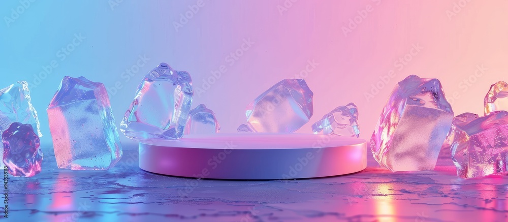 Poster ice podium with colored lighting ideal as a backdrop for showcasing products like perfumes cosmetics