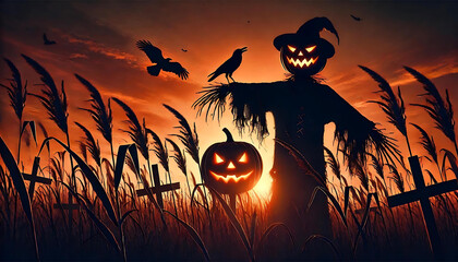 halloween background with scarecrow with pumpkin head, generative ai