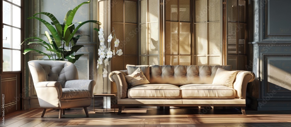 Poster living room interior featuring a sofa armchair and a folding screen with room for text or images per