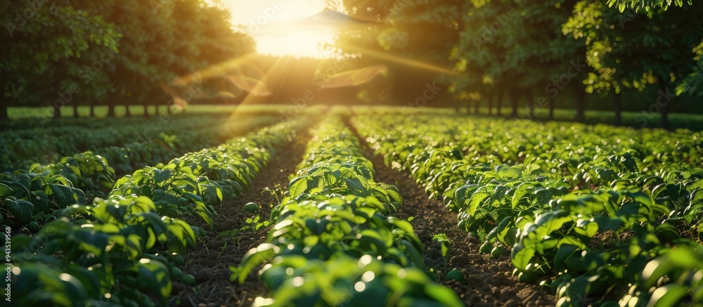Poster lush green trees surrounding a blooming potato field in the countryside perfect for copy space image