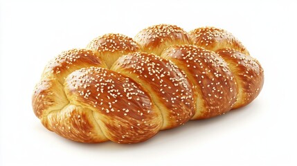 A loaf of challah bread with sesame seeds, bakery element, realistic style, braided and golden, isolated on white background