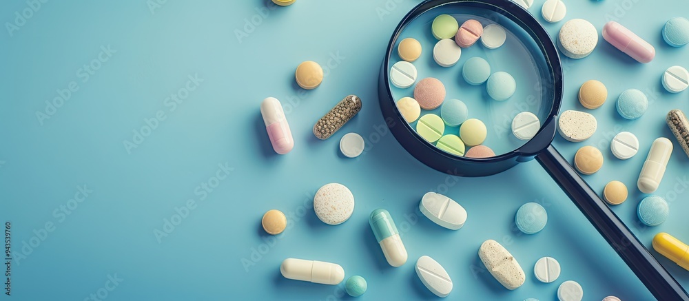 Poster Magnifying glass surrounded by assorted pills on a blue backdrop with ample copy space image