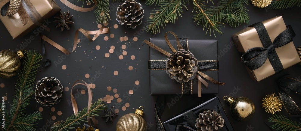 Poster elegant christmas table arrangement featuring gold and black decor a present and pine branch on a fl