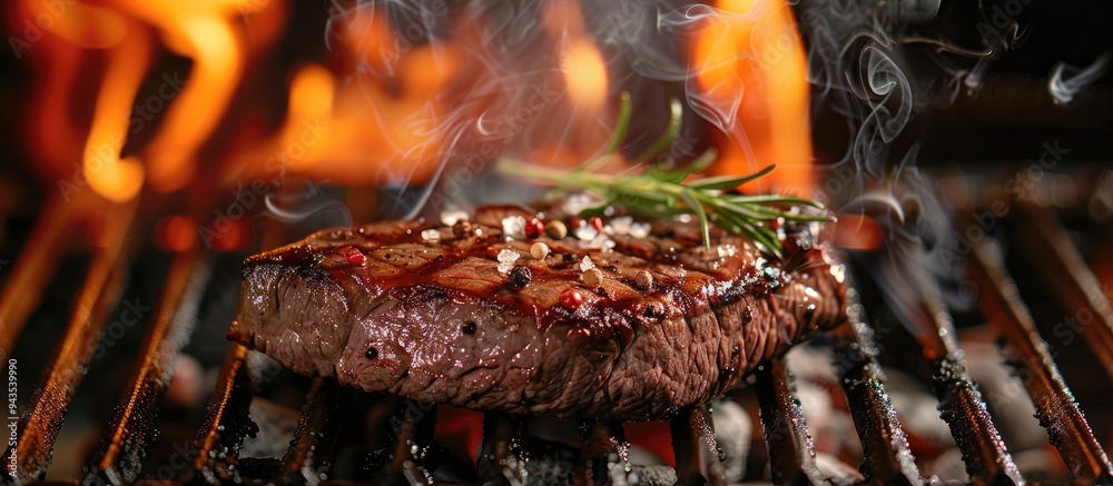 Aufkleber Beef steak sizzling on a grill in a close up shot with ample copy space image available